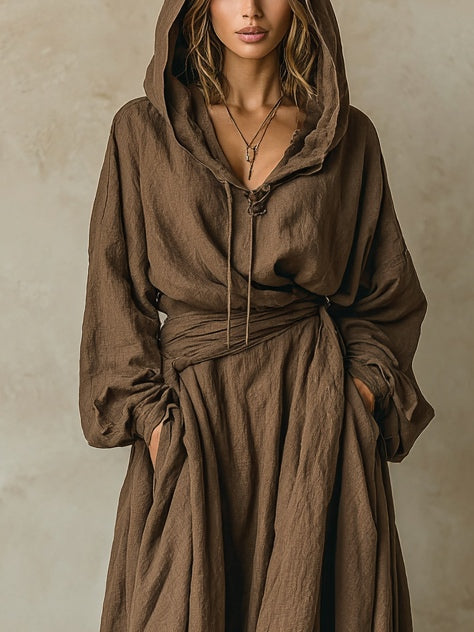 Robe maxi loose à capuche en lin coton effet cuir marron