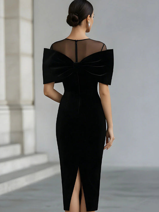 Robe Midi en Velours Noir avec Nœud Dramatique