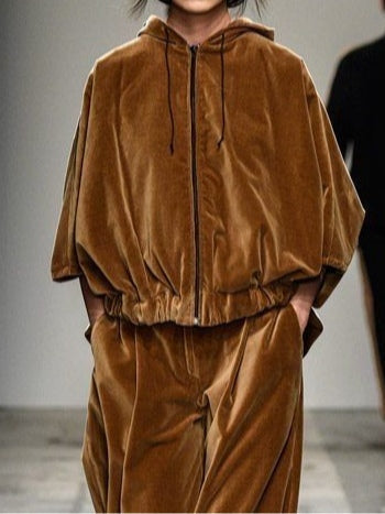 Ensemble de sweat à capuche zippé en velours marron et pantalon