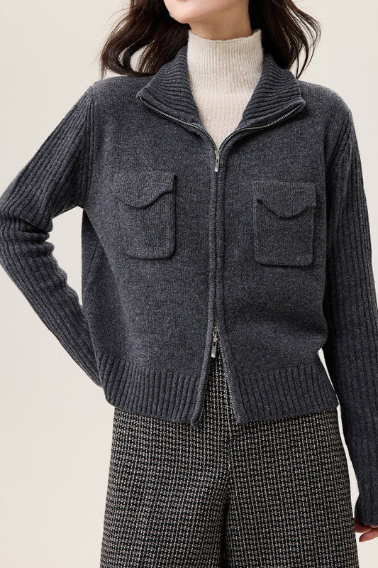 Veste Tricotée à Col Revers en Couleur Unie, Décontractée et Polyvalente