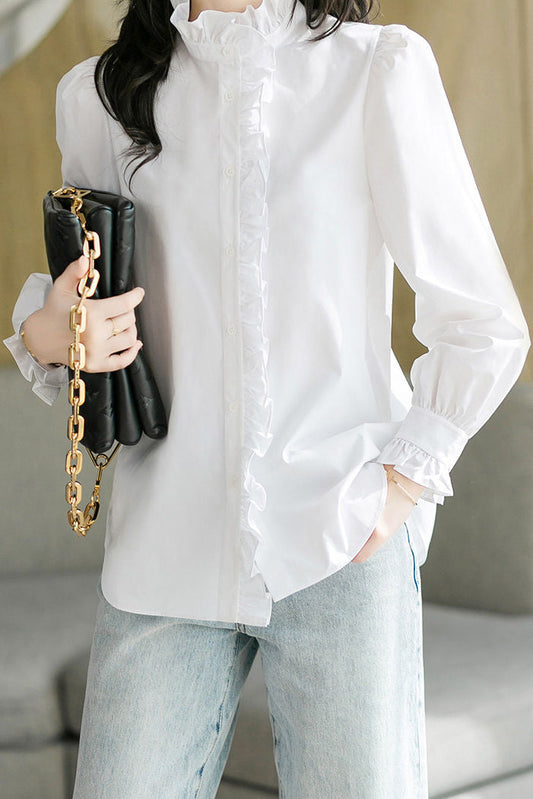 Chemise décontractée à col montant froncé, unie, à manches longues