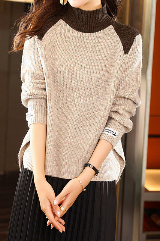 Pull tricoté décontracté polyvalent à col mi-haut en color-block