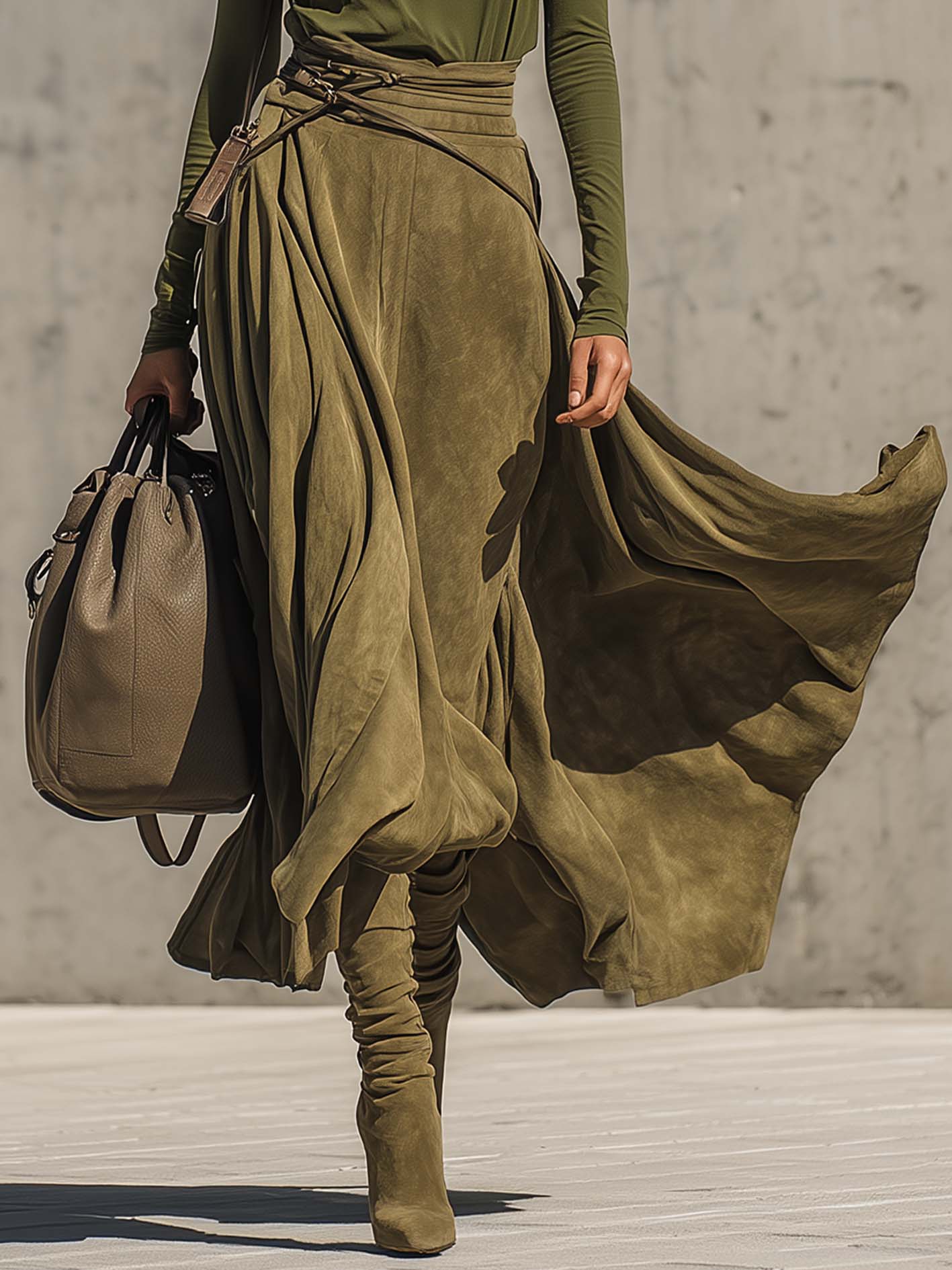 Ensemble Haut Col Roulé Vert Olive Stretch Et Jupe Maxi En Suédine (Inclut une ceinture)