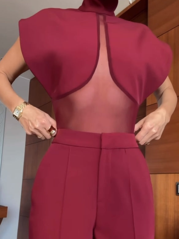 Ensemble top en maille transparente patchwork bourgogne et pantalon