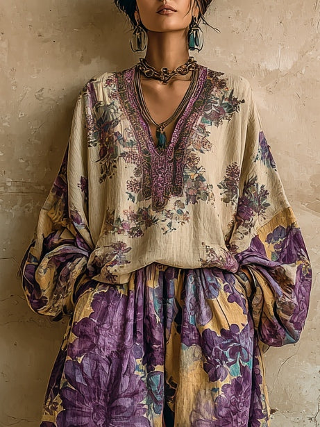 Ensemble Top V-cou à Imprimé Floral Bohémien et Pantalons à Jambes Larges