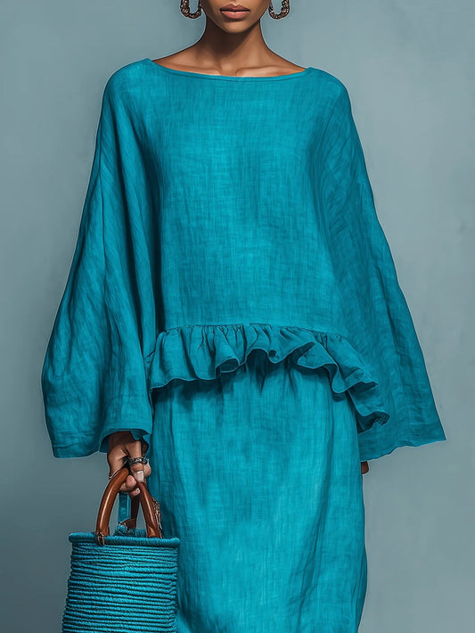 Blouse Bleue Volante Et Ensemble Jupe Droite