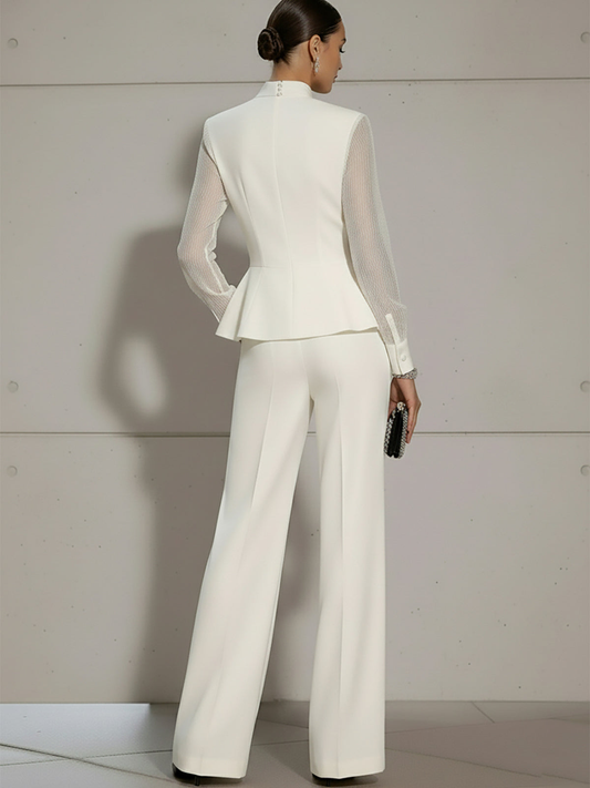 Blouse Crème Avec Nœud Et Ensemble Pantalon Large