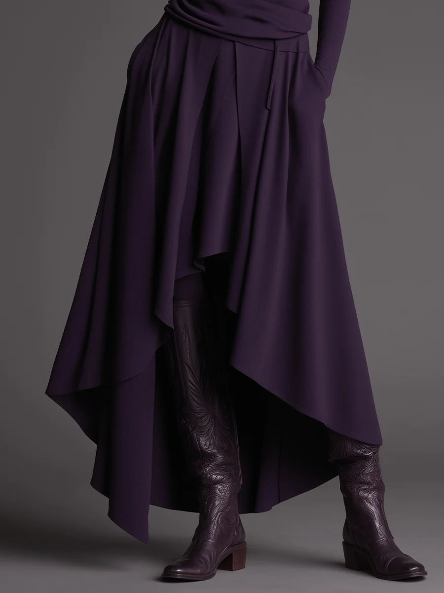 Ensemble Deux Pièces Haut Col Roulé Violet et Jupe Asymétrique