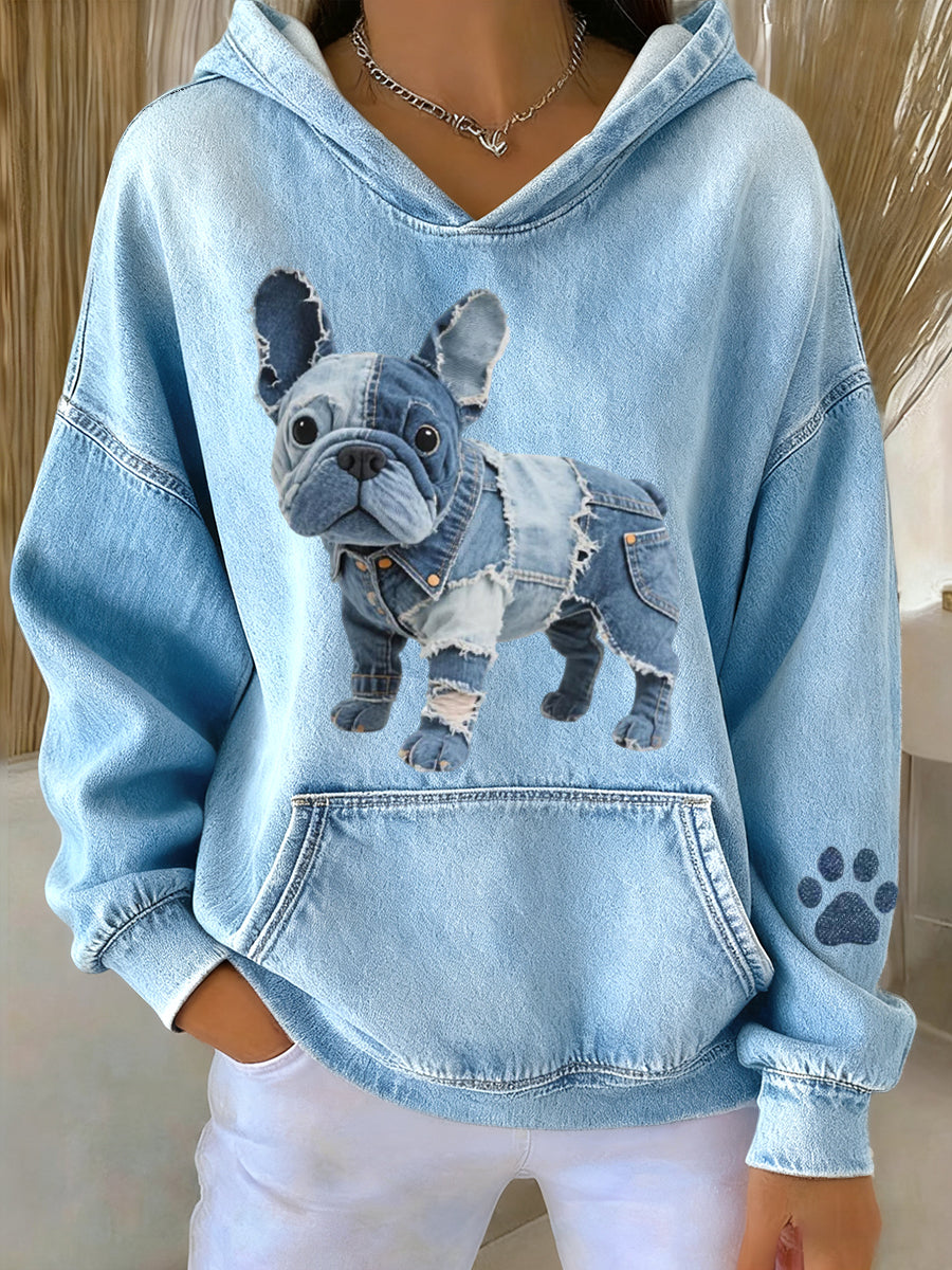 Blanca - Sweat à capuche à rayures Bulldog Français avec patch en denim pour femmes