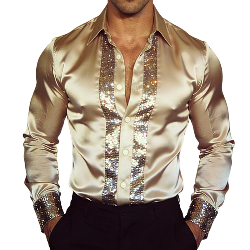 Chemise Longue à Manches en Satin Rétro Casual pour Homme avec Paillettes