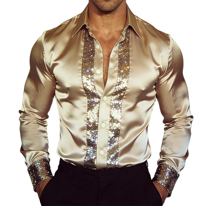 Chemise Longue à Manches en Satin Rétro Casual pour Homme avec Paillettes