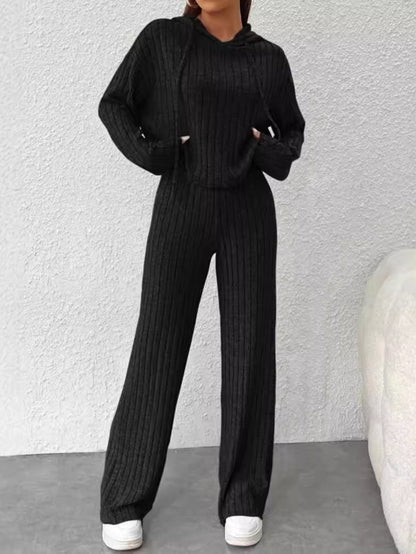 Ensemble long à manches longues en tricot à capuche ample rayé