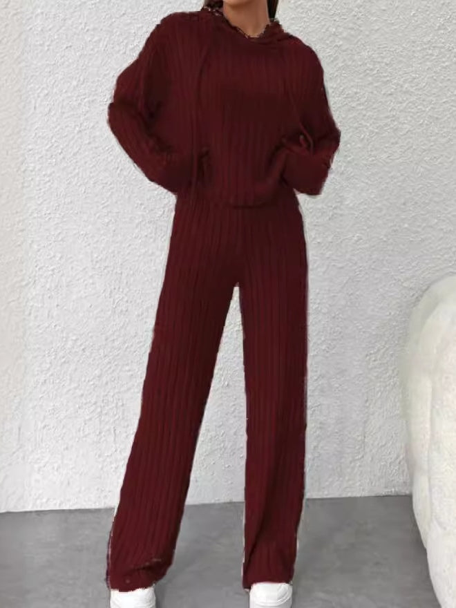 Ensemble long à manches longues en tricot à capuche ample rayé