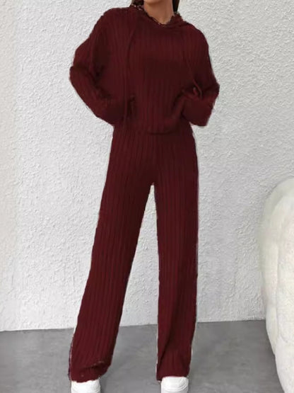 Ensemble long à manches longues en tricot à capuche ample rayé