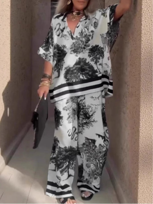 Ensemble haut à col en V imprimé à manches courtes et pantalon à jambes larges