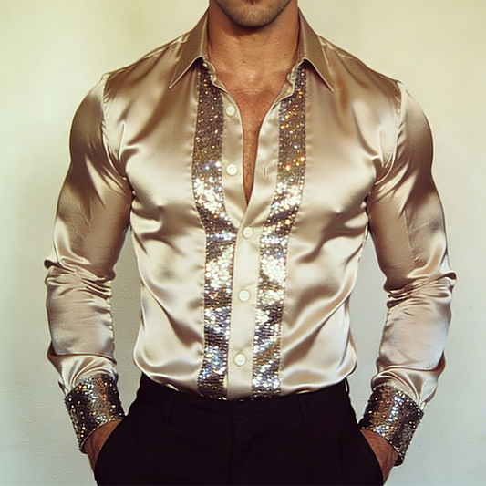 Chemise Longue à Manches en Satin Rétro Casual pour Homme avec Paillettes