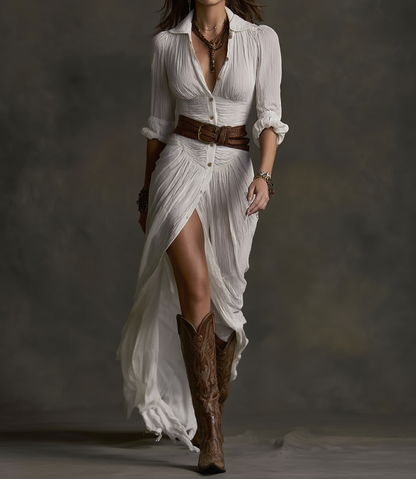 Thérèse | Robe Longue en Lin avec Col Inversé