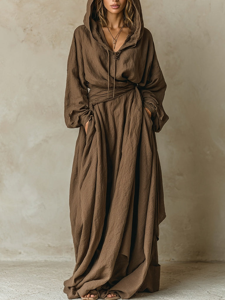 Robe maxi loose à capuche en lin coton effet cuir marron