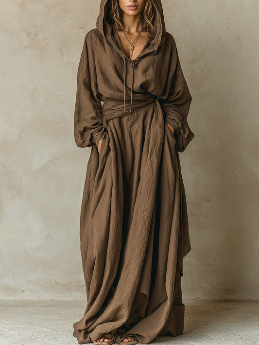 Robe maxi loose à capuche en lin coton effet cuir marron