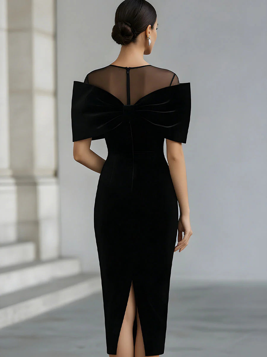 Robe Midi en Velours Noir avec Nœud Dramatique