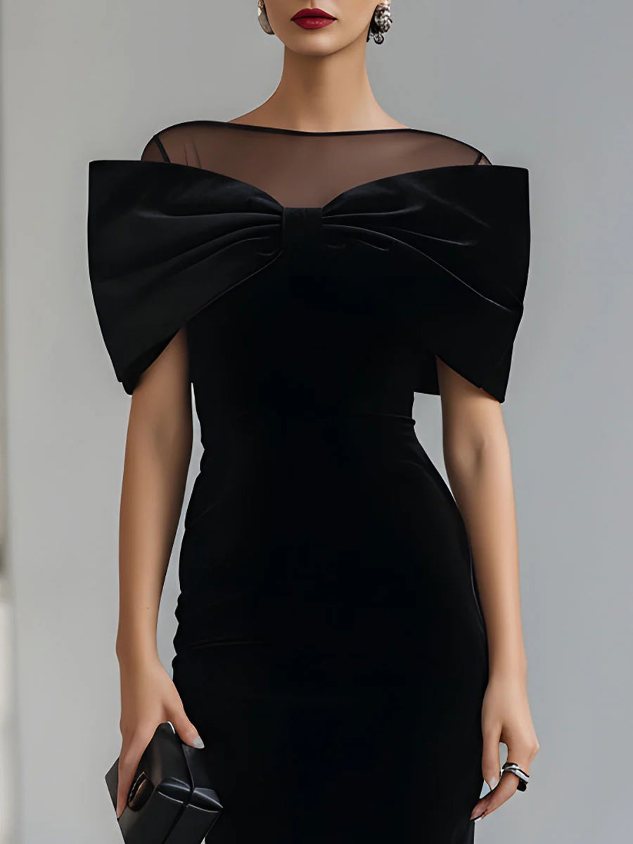 Robe Midi en Velours Noir avec Nœud Dramatique