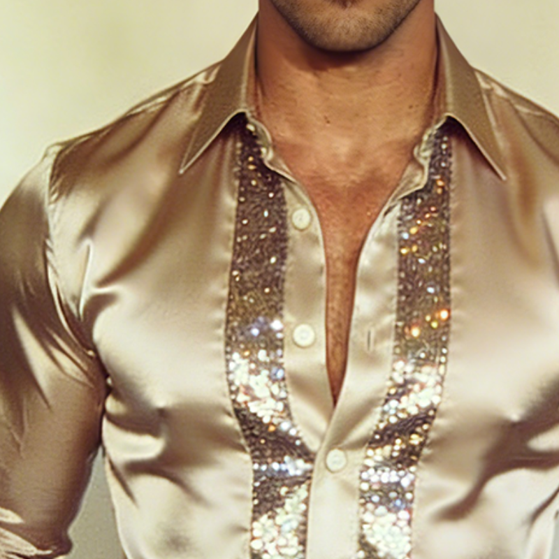 Chemise Longue à Manches en Satin Rétro Casual pour Homme avec Paillettes
