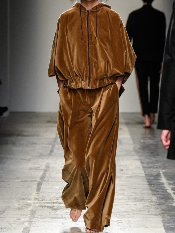 Ensemble de sweat à capuche zippé en velours marron et pantalon