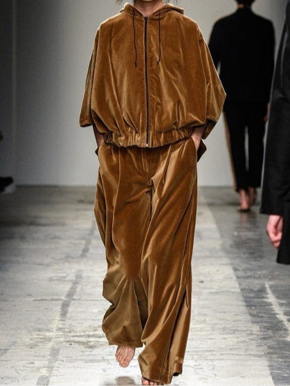 Ensemble de sweat à capuche zippé en velours marron et pantalon