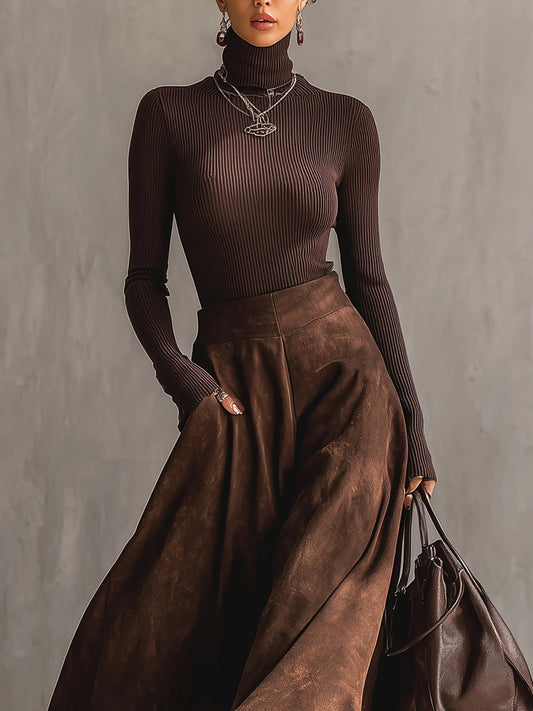 Ensemble Jupe Midi en Suède Distressée Café