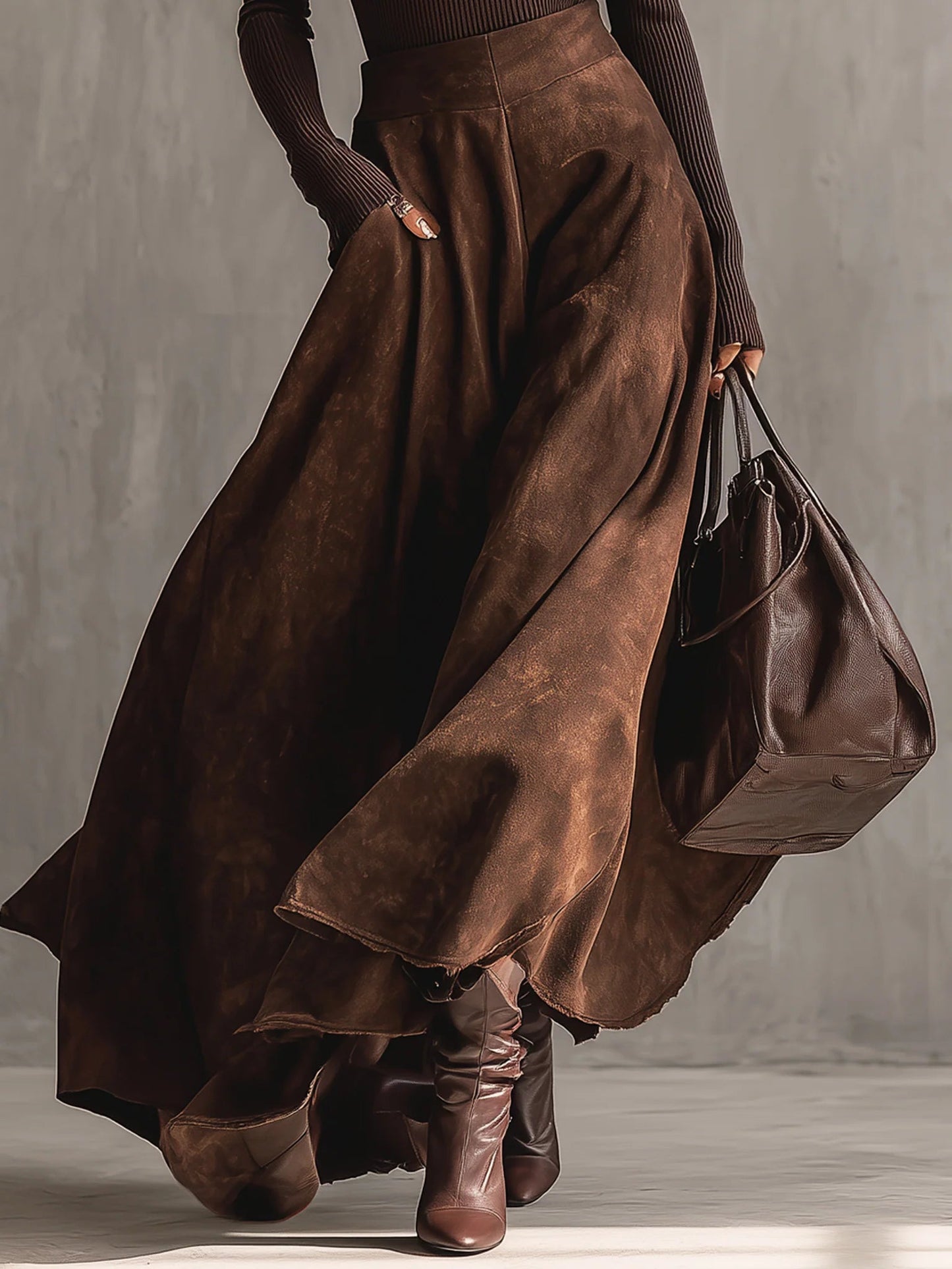 Ensemble Jupe Midi en Suède Distressée Café