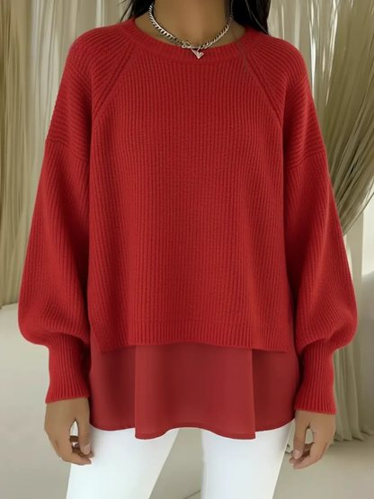 Pull deux pièces confortable pour femme, patchwork, faux manches lanternes
