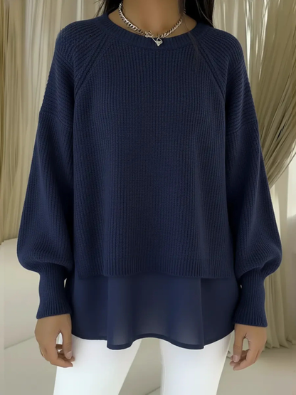 Pull deux pièces confortable pour femme, patchwork, faux manches lanternes