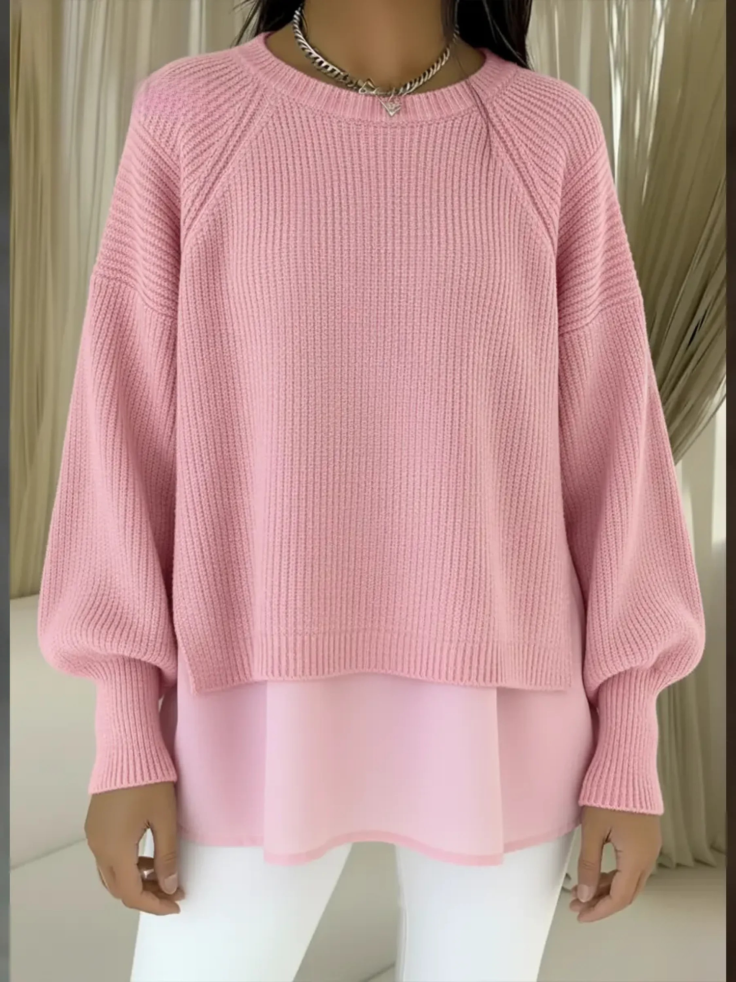 Pull deux pièces confortable pour femme, patchwork, faux manches lanternes