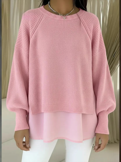 Pull deux pièces confortable pour femme, patchwork, faux manches lanternes