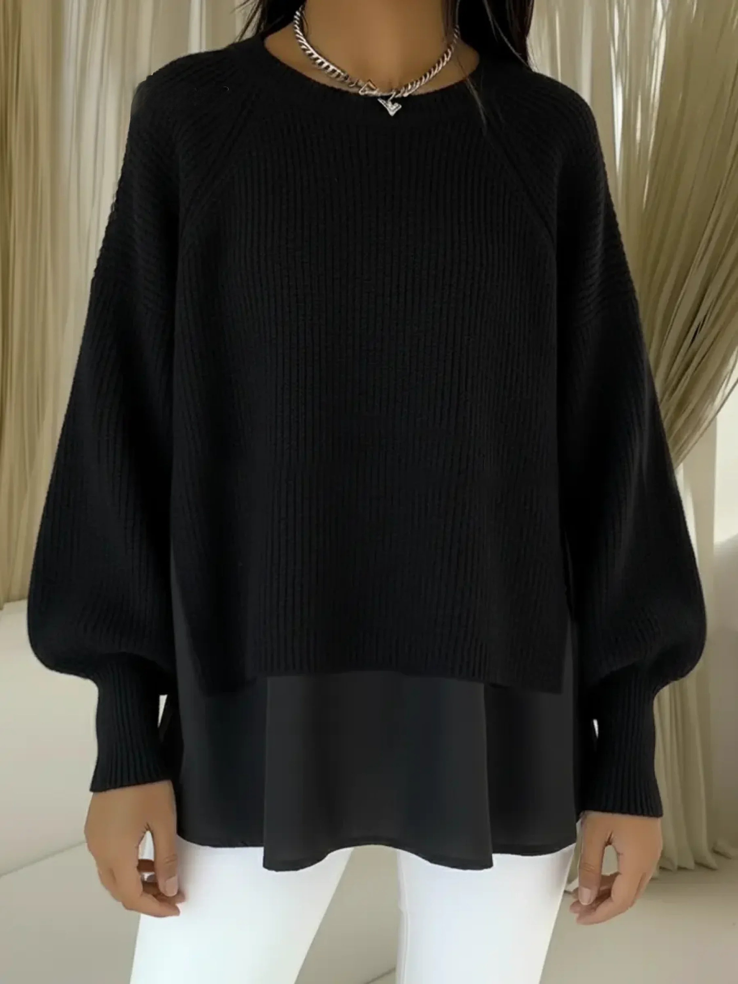 Pull deux pièces confortable pour femme, patchwork, faux manches lanternes