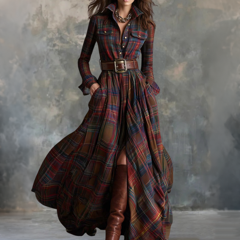Karina - Robe longue à carreaux avec ceinture