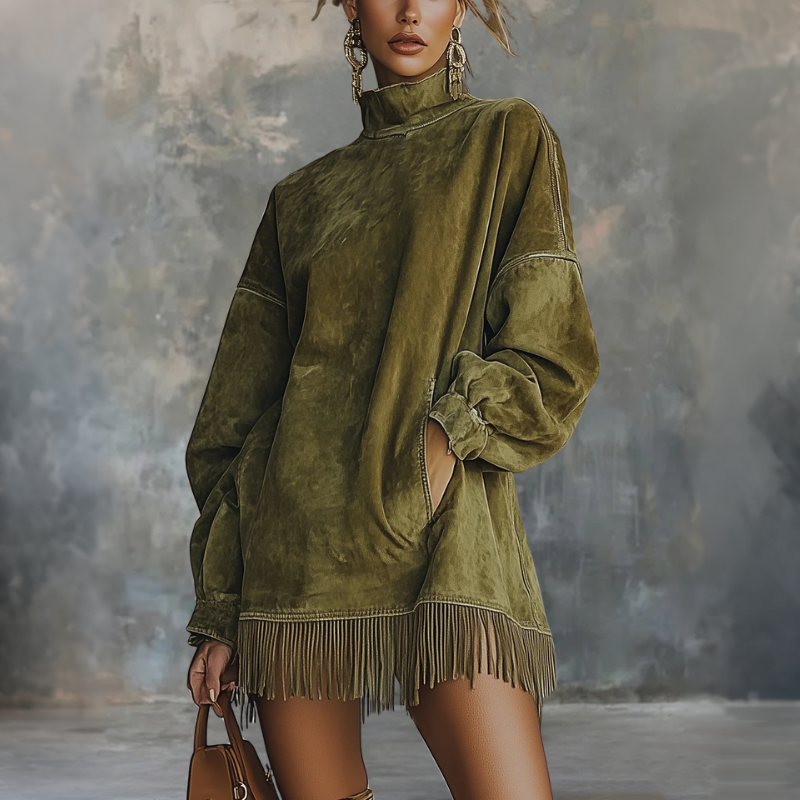 Gabriela | Robe en daim avec col montant et franges