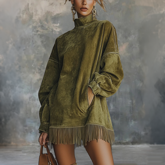 Gabriela | Robe en daim avec col montant et franges