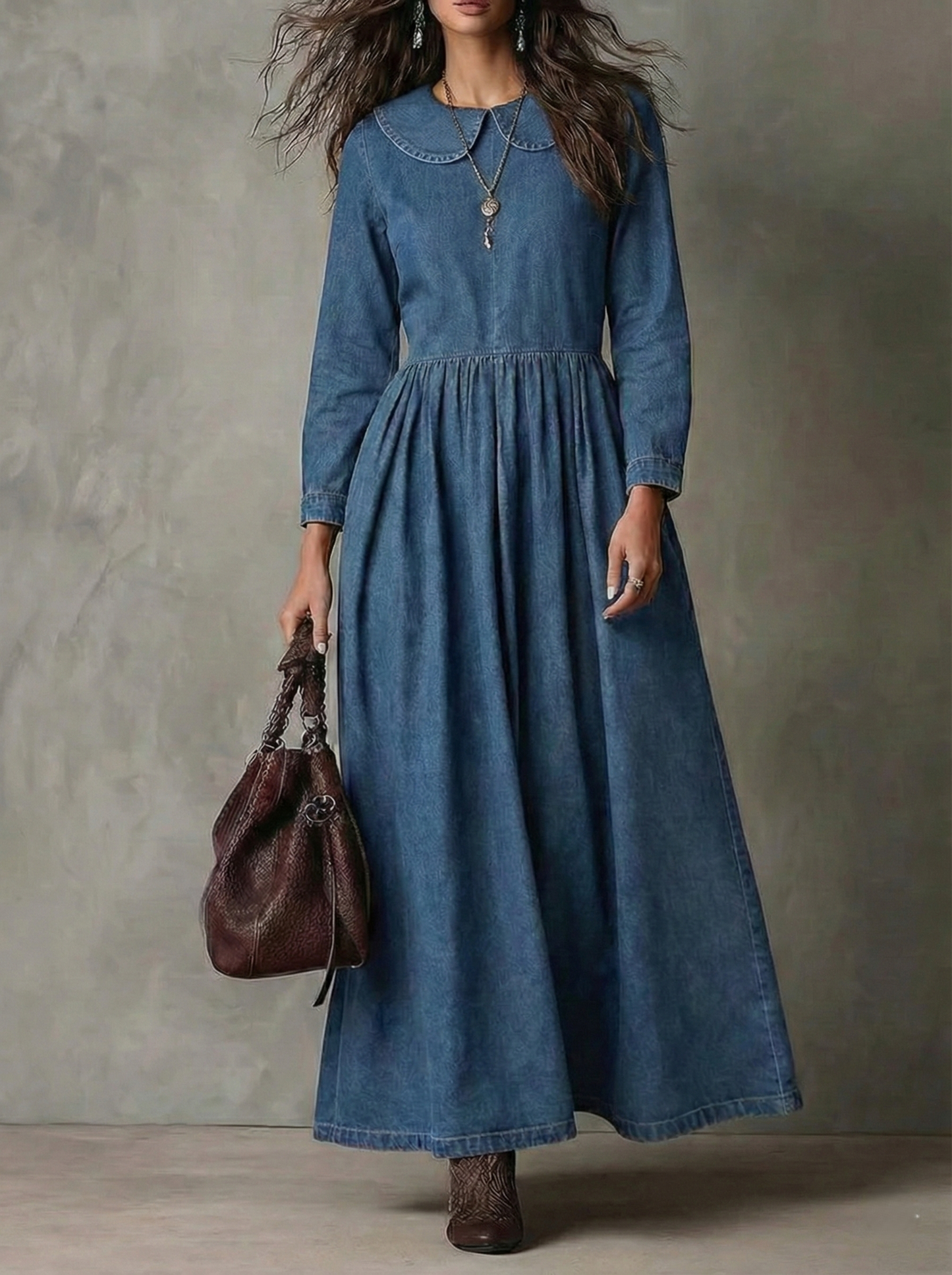 Robe décontractée en denim à manches longues et col Claudine pour femme