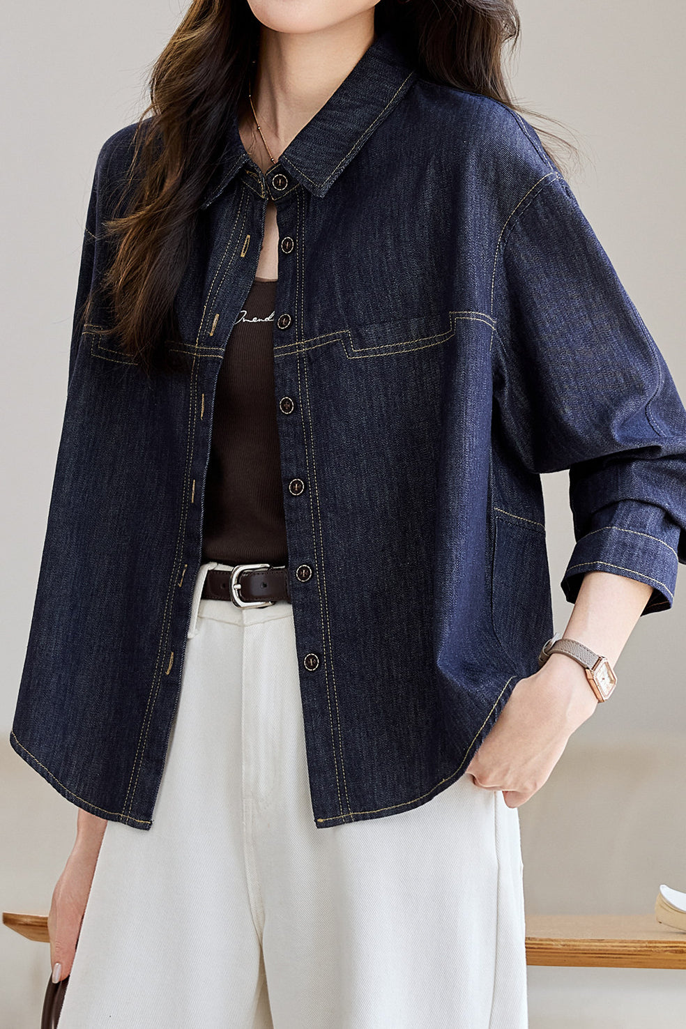 Veste en Denim Vintage à Manches Longues Décontractée