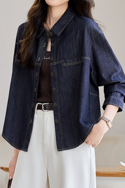 Veste en Denim Vintage à Manches Longues Décontractée