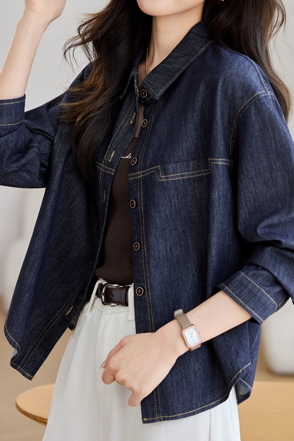 Veste en Denim Vintage à Manches Longues Décontractée