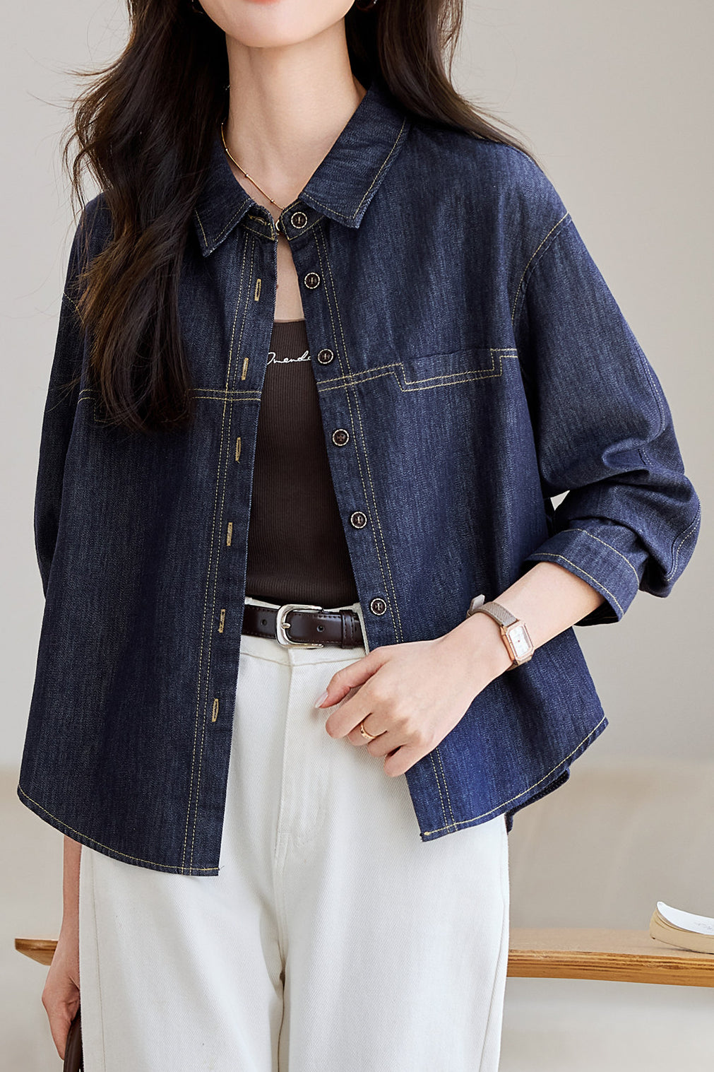Veste en Denim Vintage à Manches Longues Décontractée