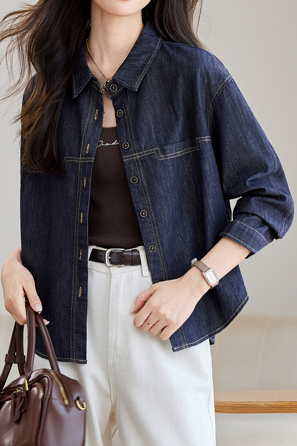 Veste en Denim Vintage à Manches Longues Décontractée