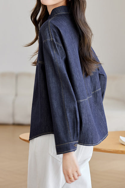 Veste en Denim Vintage à Manches Longues Décontractée