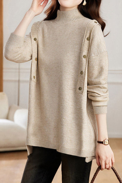 Pull décontracté polyvalent à col montant mi-haut avec ourlet asymétrique en tricot