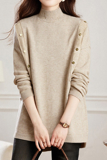 Pull décontracté polyvalent à col montant mi-haut avec ourlet asymétrique en tricot