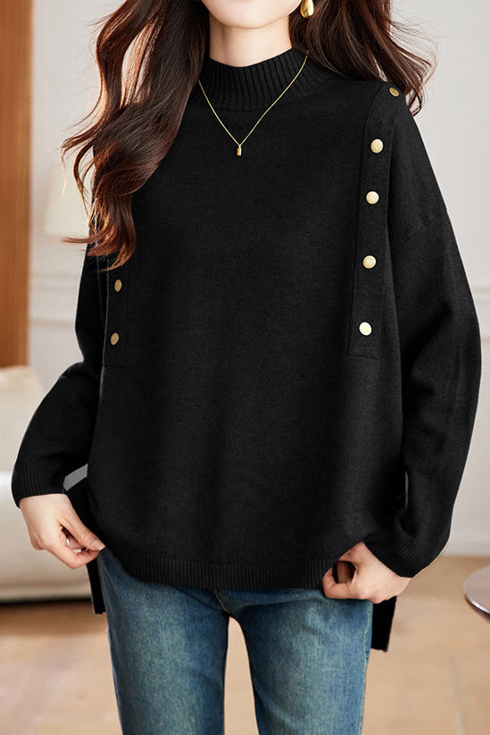 Pull décontracté polyvalent à col montant mi-haut avec ourlet asymétrique en tricot