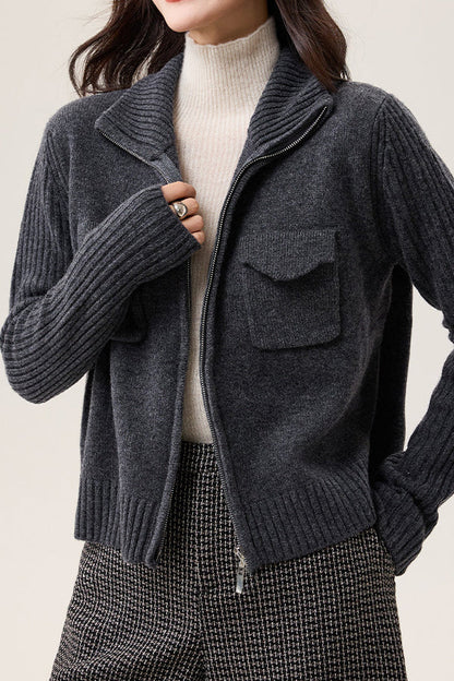 Veste Tricotée à Col Revers en Couleur Unie, Décontractée et Polyvalente