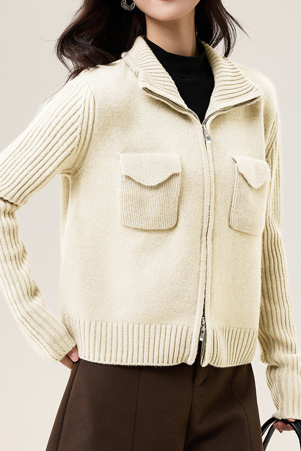 Veste Tricotée à Col Revers en Couleur Unie, Décontractée et Polyvalente